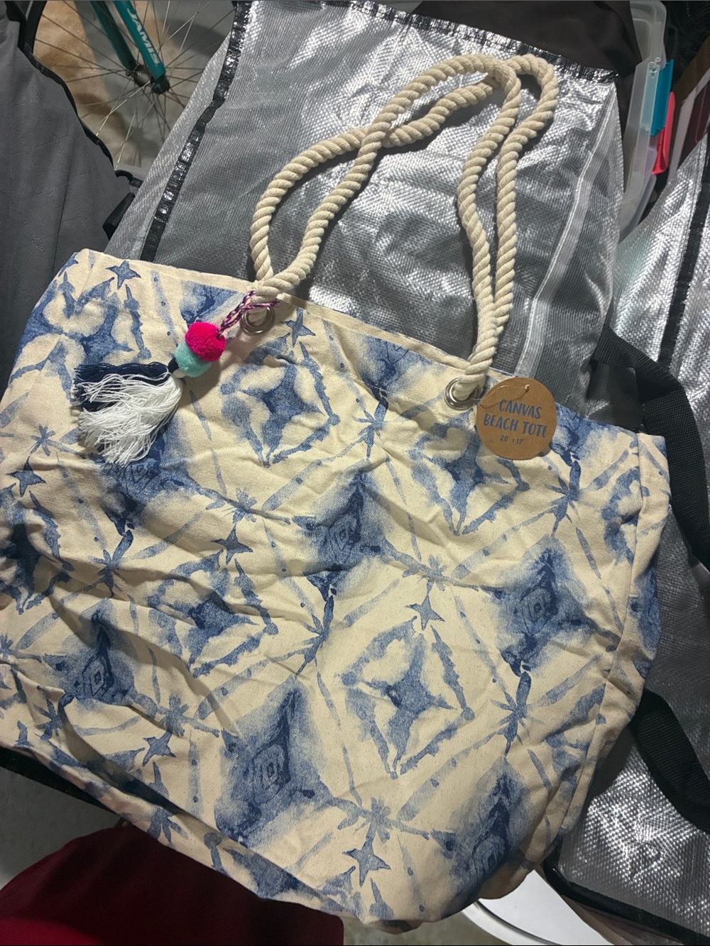 Canvas Tote Bag – Blue and Cream Rope-Handle Beach Tote
